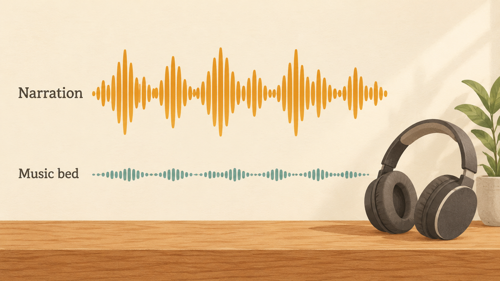 Illustration of a loud narration waveform above a quiet background music waveform, showing how AI music should sit under a voiceover.
