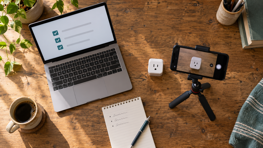 Overhead view of a home desk with a laptop checklist, phone on a tripod and a notepad, showing AI productivity tools for beginners in everyday use.
