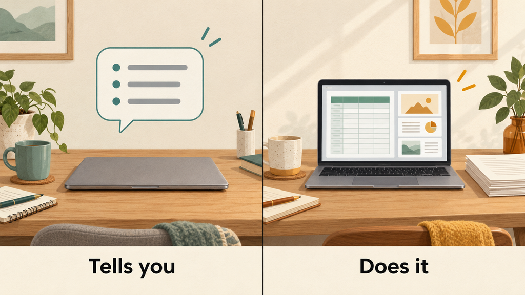 Side-by-side illustration comparing an AI chatbot that explains steps with an AI agent that completes the work.
