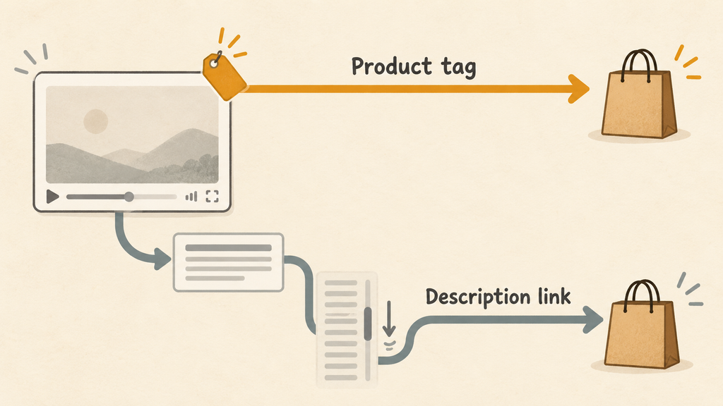 Diagram comparing a short path from an in-video product tag to purchase against a longer path through a description link.
