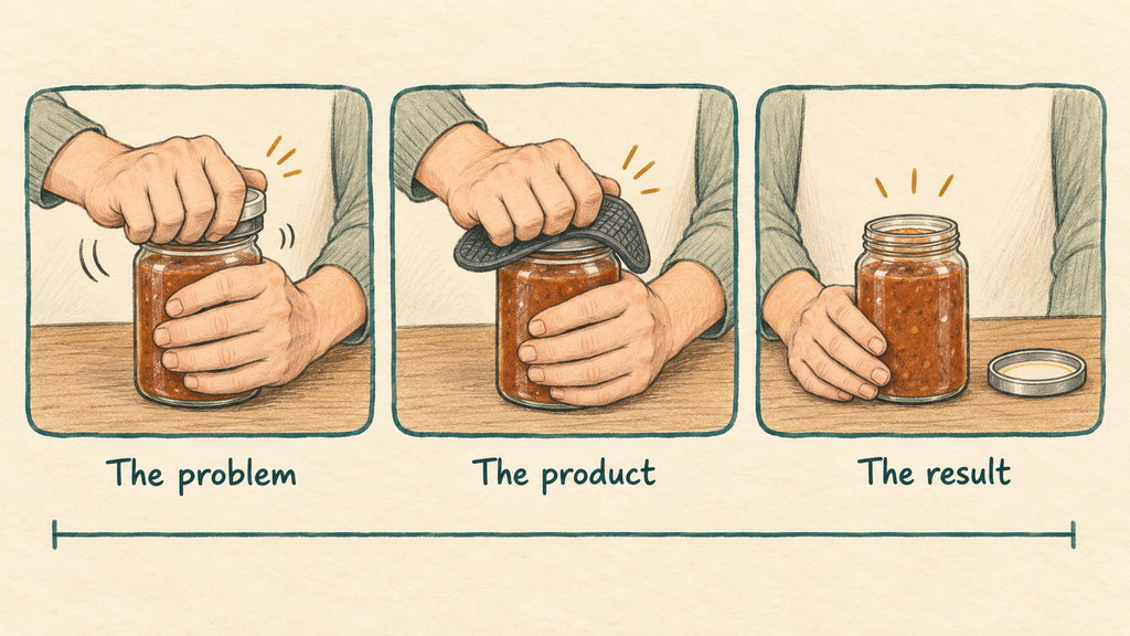 Three-panel storyboard for a sixty-second product video showing the problem, the product and the result.
